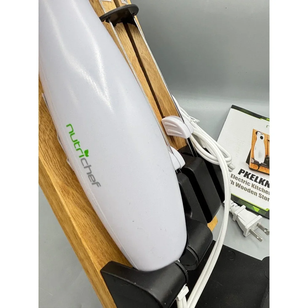 NutriChef PKELKN16 Electric Kitchen Knife with Wooden Storage Tray White